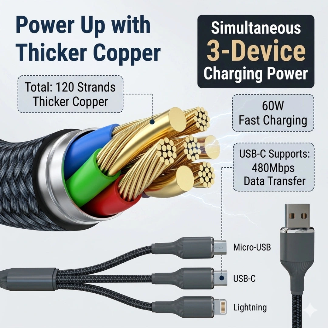 Tecsox 3 in 1 Grey Fast Charging Cable | For iOS & Android