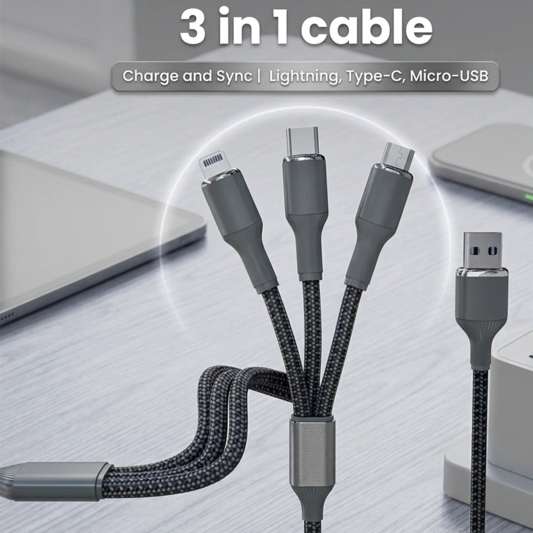 Tecsox 3 in 1 Grey Fast Charging Cable | For iOS & Android