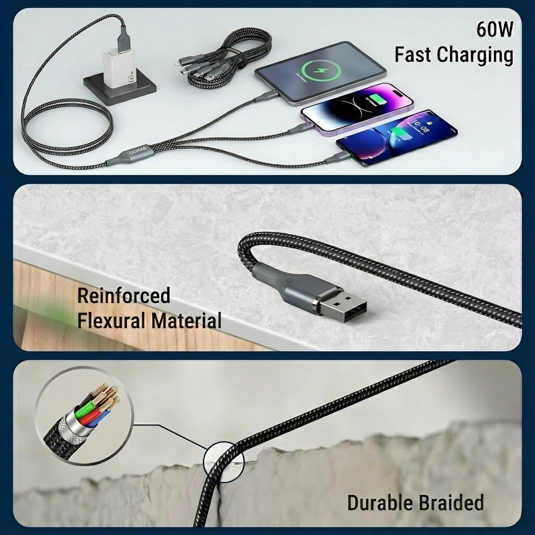 Tecsox 3 in 1 Grey Fast Charging Cable | For iOS & Android