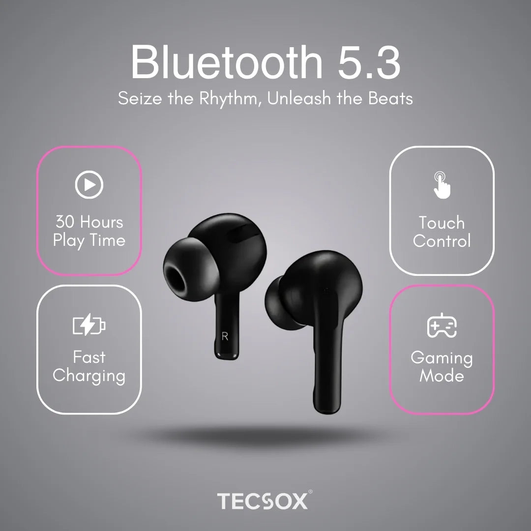 TecPod Pro Earbuds 30Hr Playtime | 5.3 V Bluetooth Earbuds | Deep Bass | Water Resistant