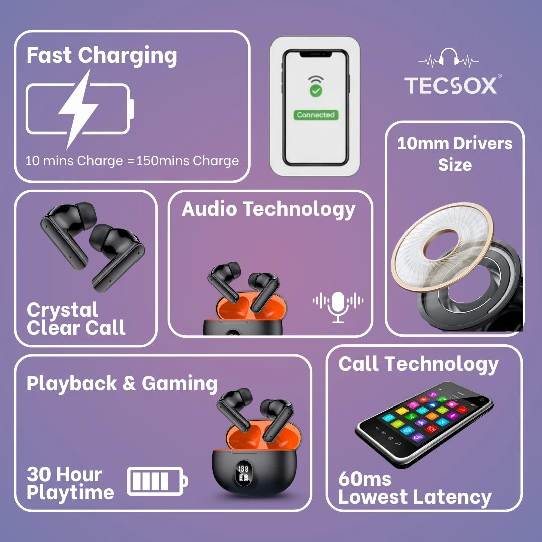 Order TecSox Pulse411  Bluetooth Earbuds | Deep Bass | Under ₹1000