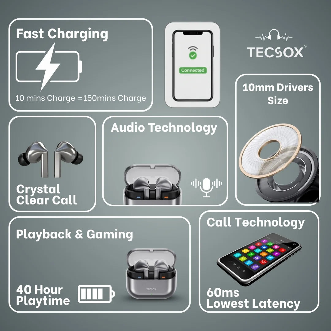 Order TecSox Audora Bluetooth Earbuds | Deep Bass | Under ₹1000