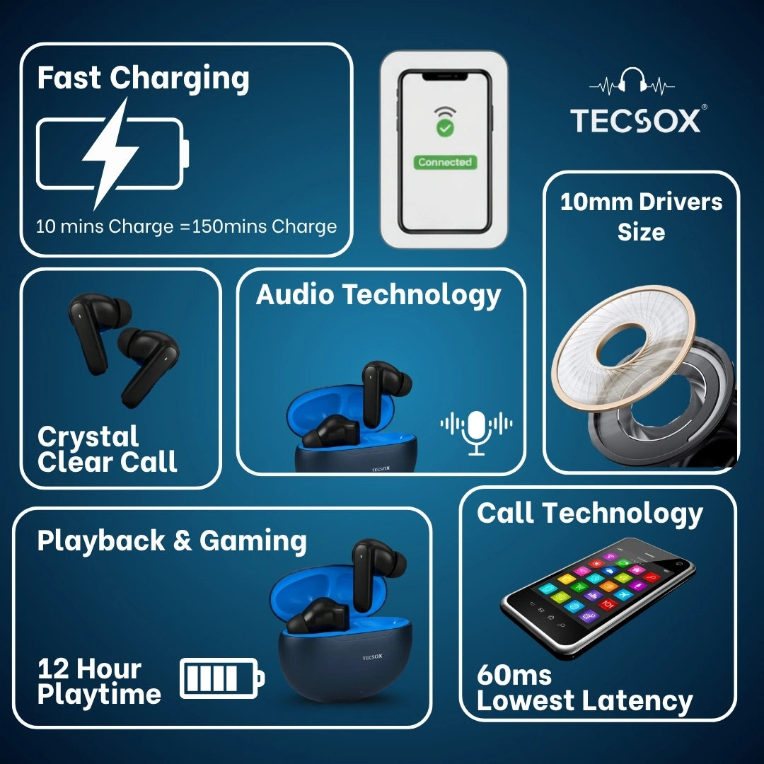 Order TecSox Pulse 611 Bluetooth Earbuds | Deep Bass | Under ₹1000