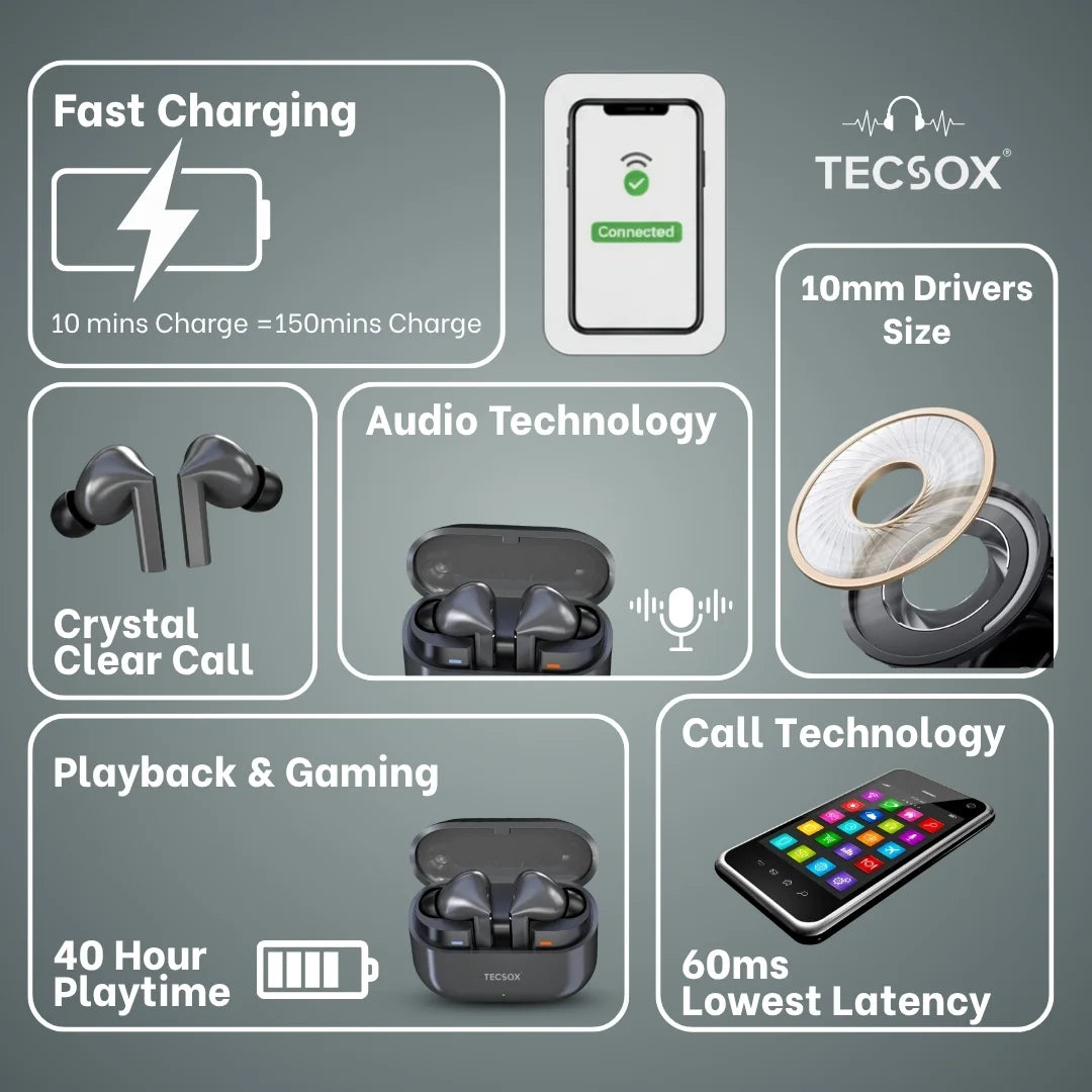 Order TecSox Audora Bluetooth Earbuds | Deep Bass | Under ₹1000