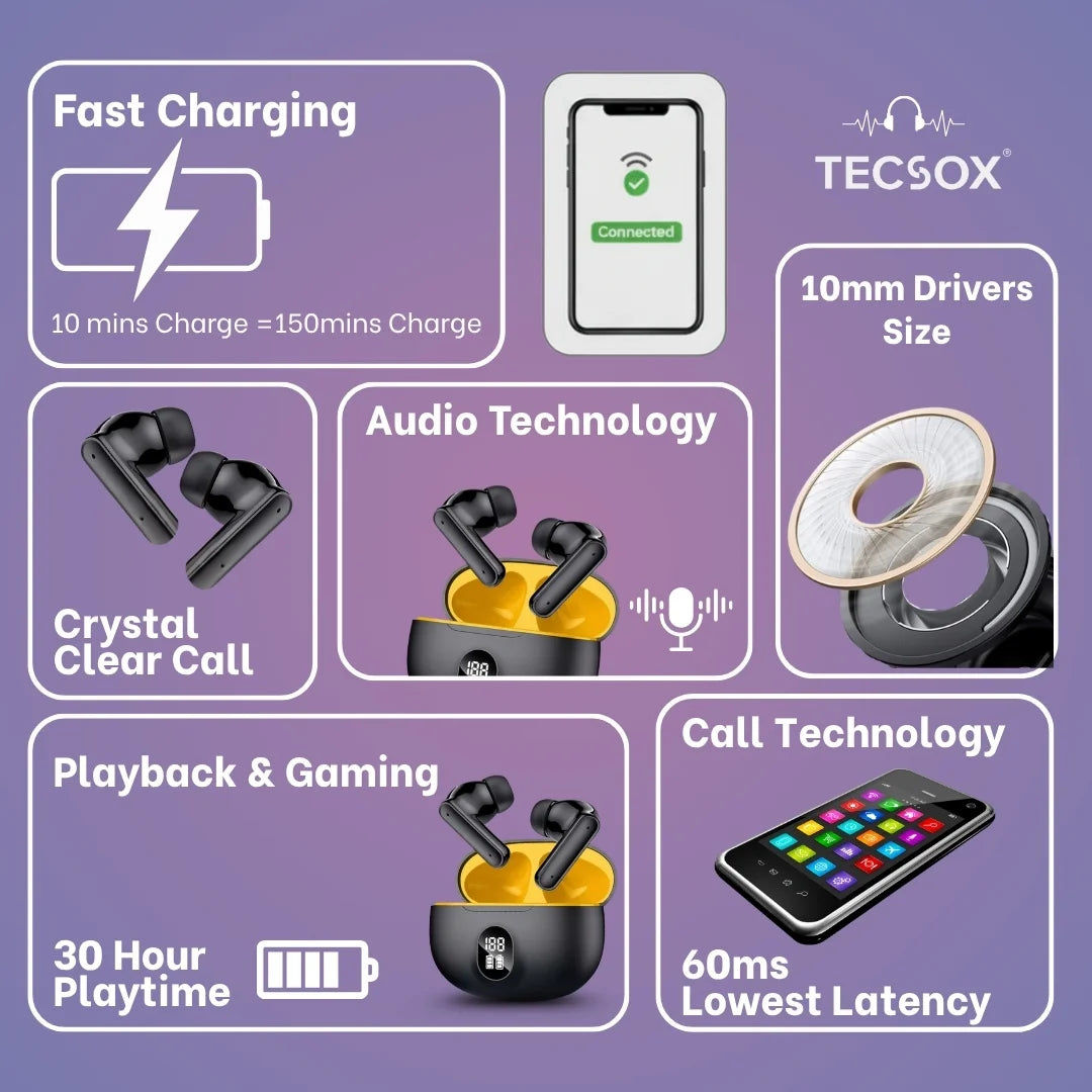 Order TecSox Pulse411  Bluetooth Earbuds | Deep Bass | Under ₹1000