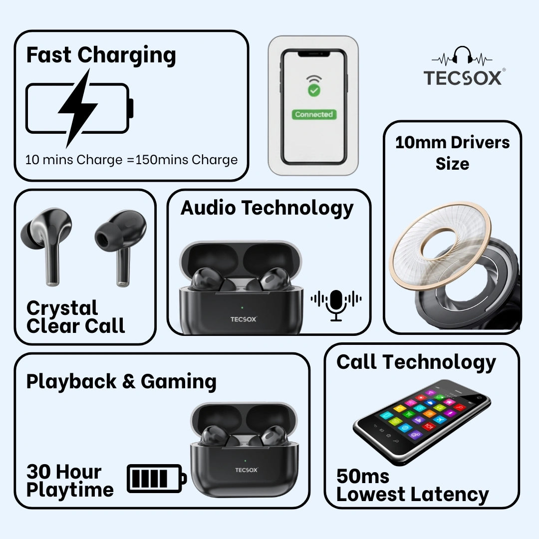 TecSox Tecpods Pro 2 Bluetooth Earbud With Deep Bass & Comfortable Fit | IPX Water Resistant