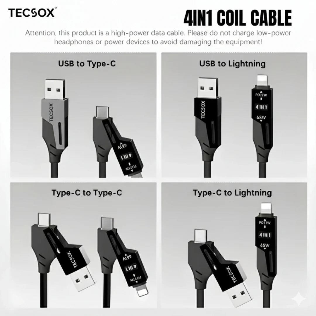 4in1 Coil  Fast Charging Type C Cable with Spring | 480Mbps Data Transfer | 1 m