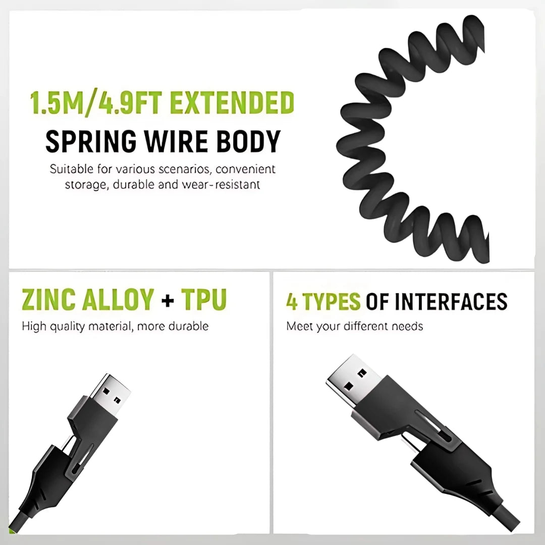 4in1 Coil  Fast Charging Type C Cable with Spring | 480Mbps Data Transfer | 1 m